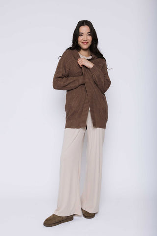 Orb Olivia-Hooded Cable Cardigan - Cocoa