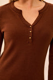 Tribal Brushed waffle Knit Henley Long Sleeve- Heather Chocolate