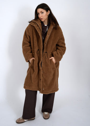 RD Mila Long Sherpa Jacket W/Drawstring - Caramel