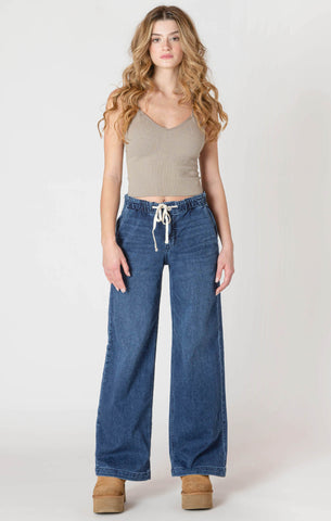 Room 34 Wide Leg Knit Denim Pant - Dark Denim Wash