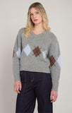 Room 34 Argyle Sweater Top- Medium Grey Mix
