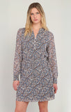 DEX Belted Button Detail Dress- Blue/ Brown Paisley