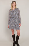 DEX Belted Button Detail Dress- Blue/ Brown Paisley